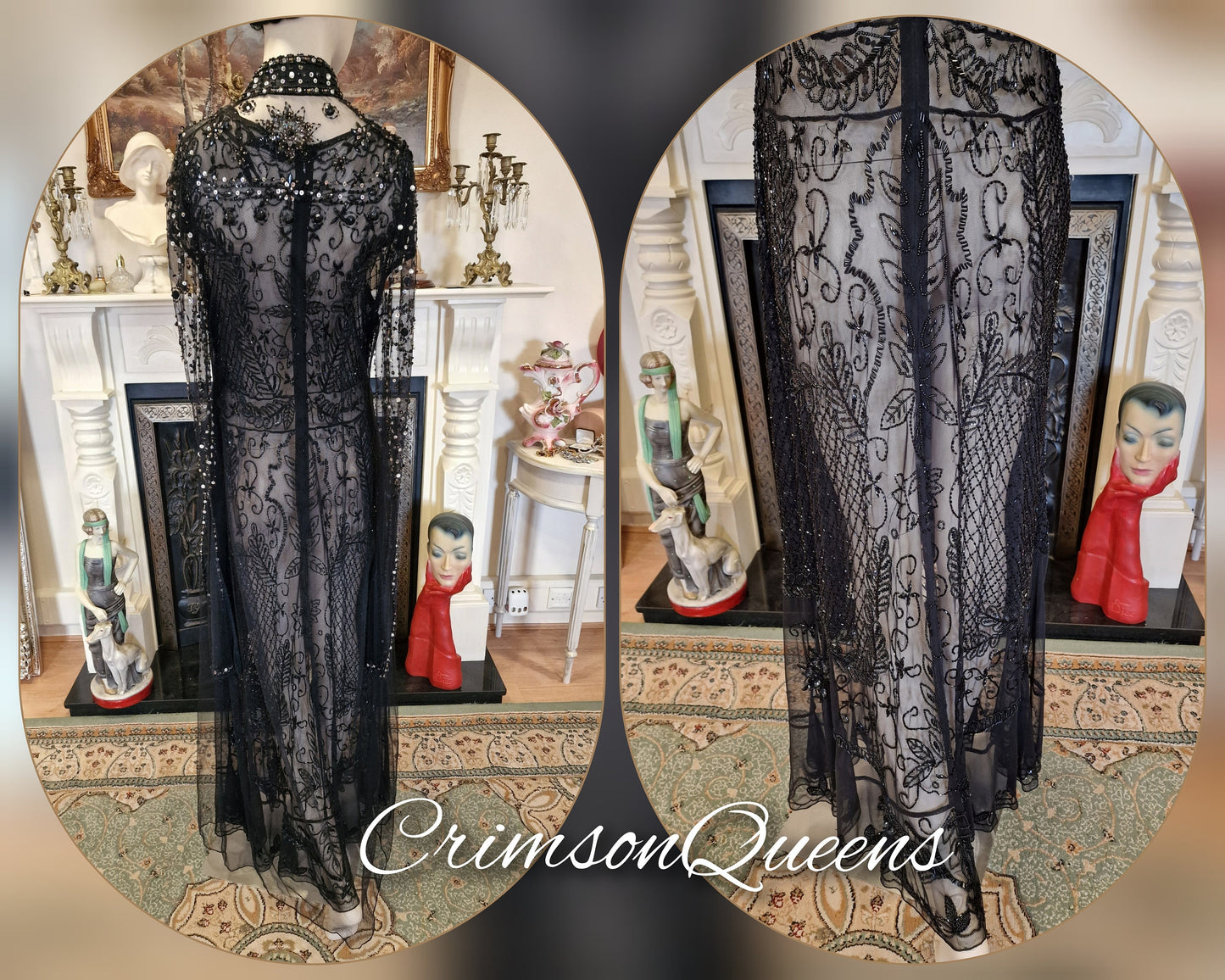 Vintage Downton Abbey Great Gatsby black beaded sheer mesh dress 1920s flapper ensemble with Art Deco lace duster size UK 10 12 US 6 8