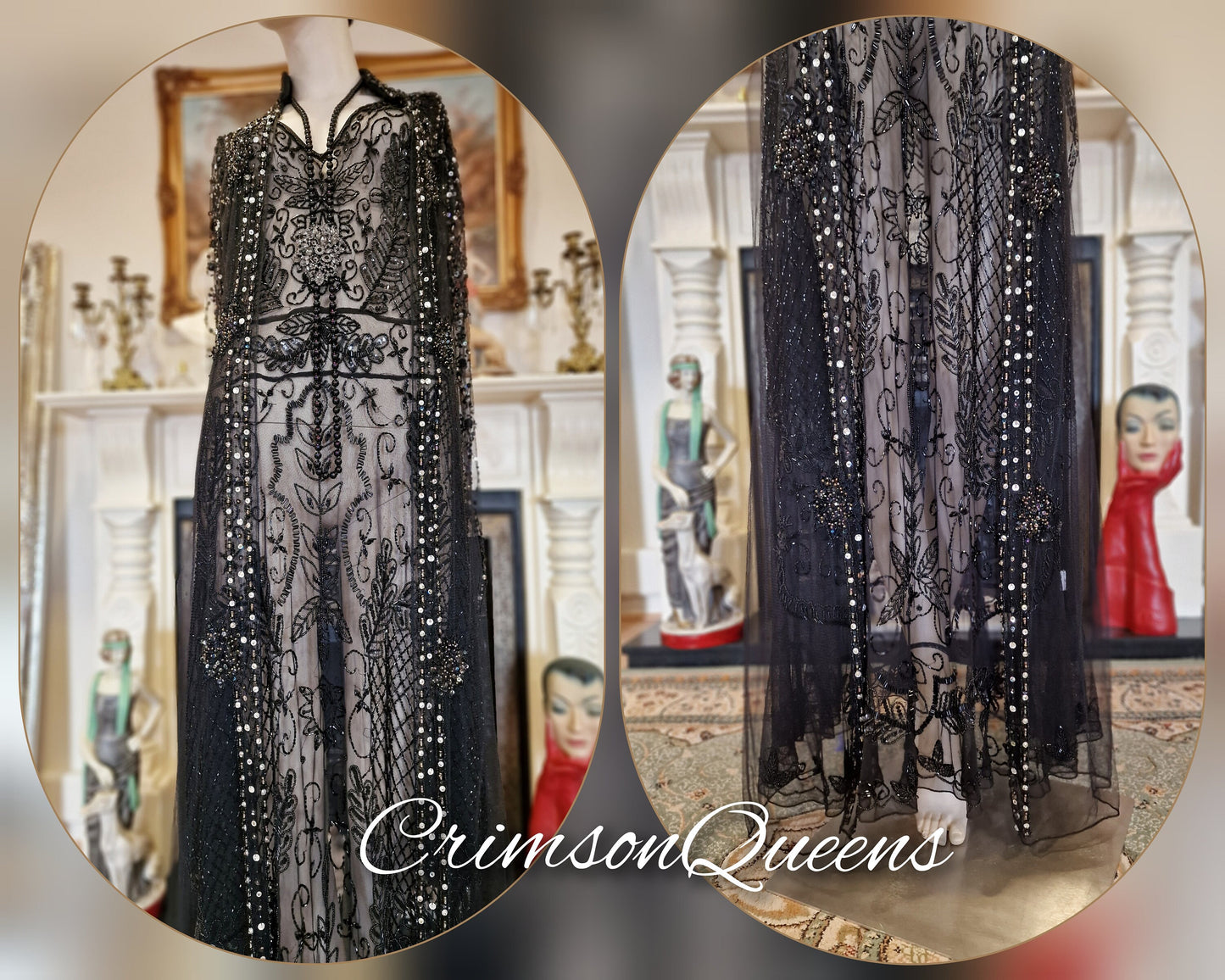 Vintage Downton Abbey Great Gatsby black beaded sheer mesh dress 1920s flapper ensemble with Art Deco lace duster size UK 10 12 US 6 8