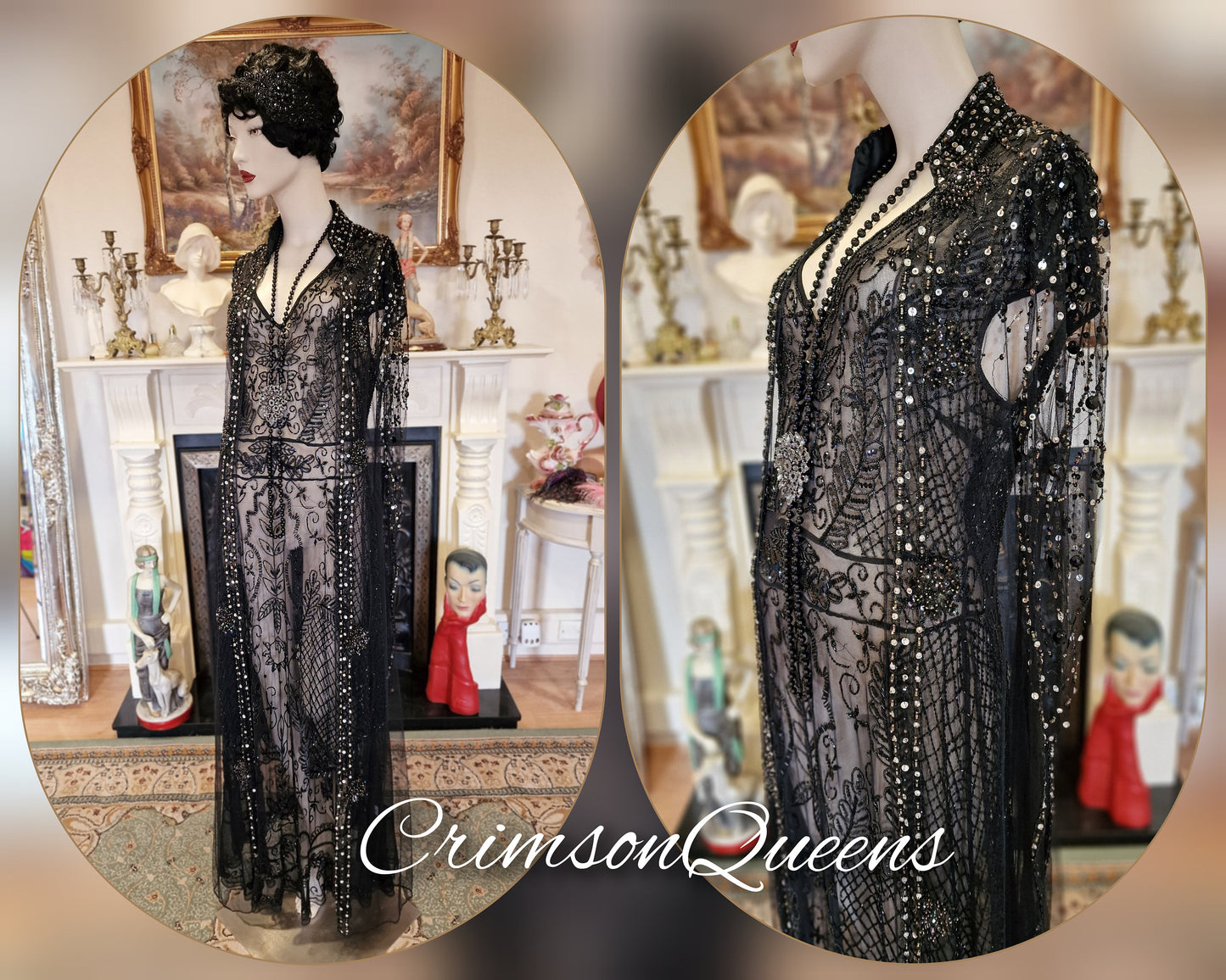Vintage Downton Abbey Great Gatsby black beaded sheer mesh dress 1920s flapper ensemble with Art Deco lace duster size UK 10 12 US 6 8