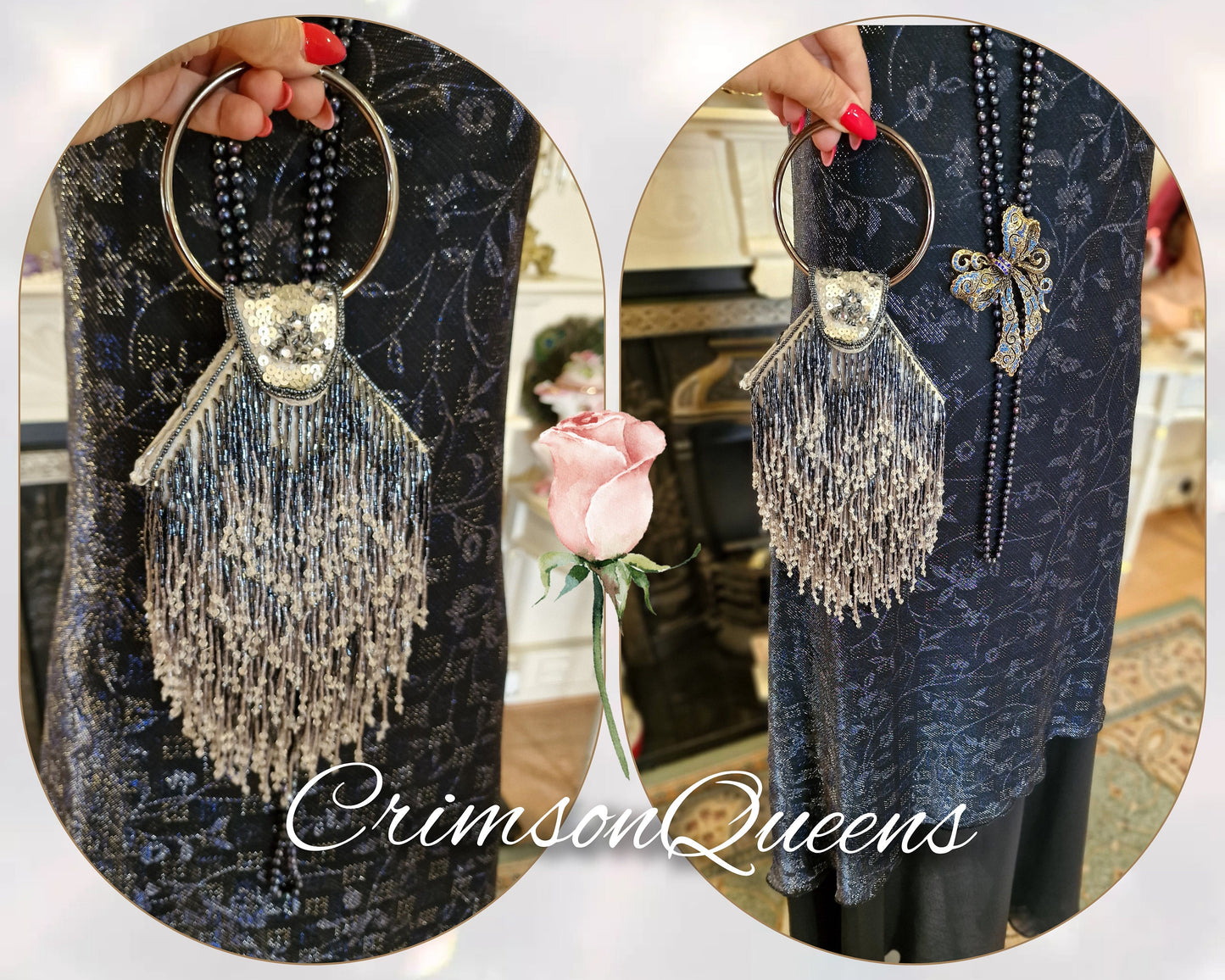 Art Deco dress Flapper dress Downton Abbey dress 1920s dress Blue Great Gatsby dress Beaded Vintage Dress Size UK 12 14 US 8 10