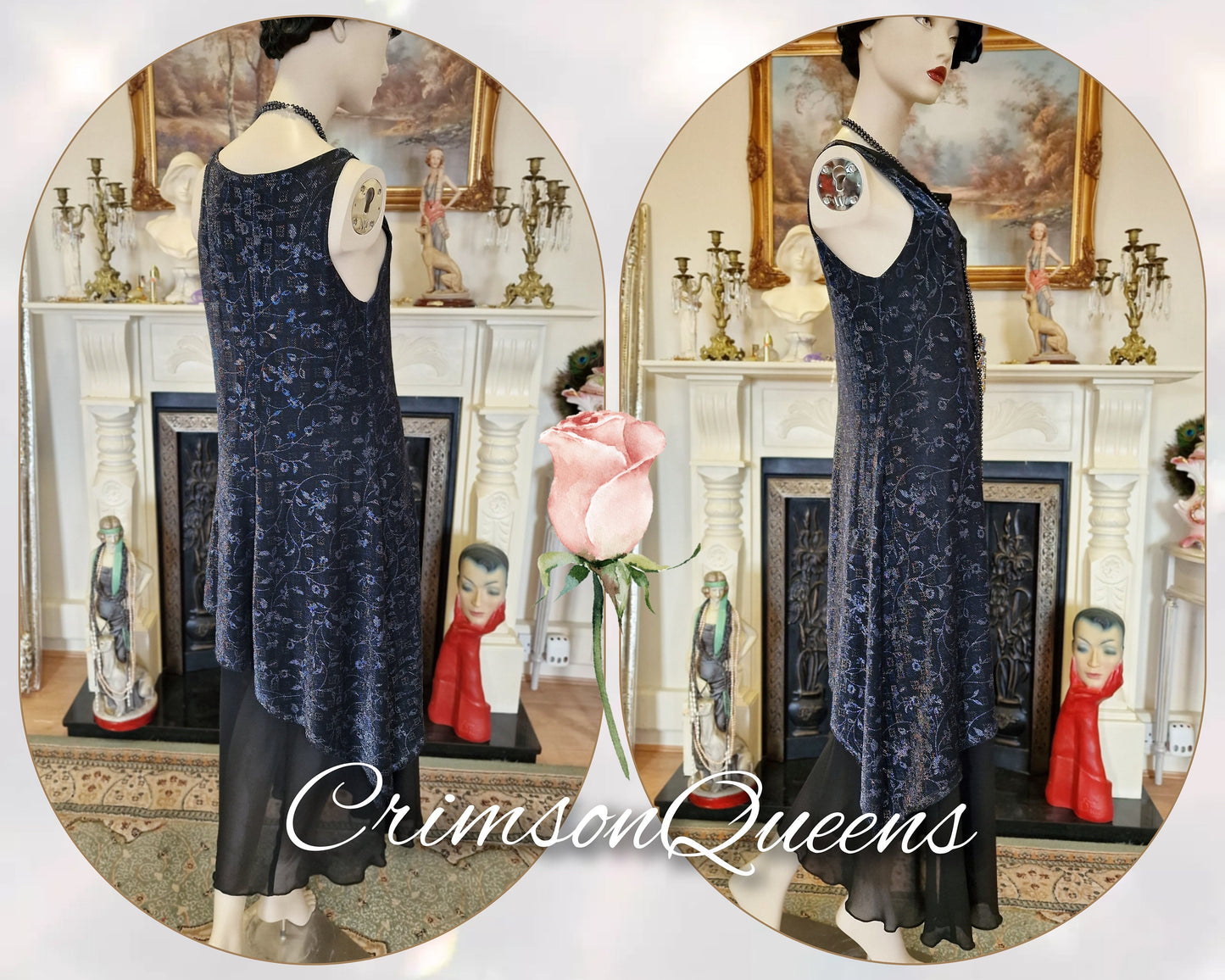 Art Deco dress Flapper dress Downton Abbey dress 1920s dress Blue Great Gatsby dress Beaded Vintage Dress Size UK 12 14 US 8 10