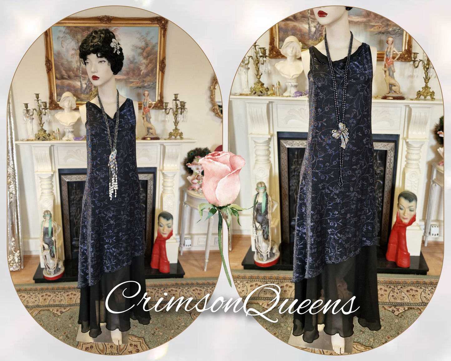 Art Deco dress Flapper dress Downton Abbey dress 1920s dress Blue Great Gatsby dress Beaded Vintage Dress Size UK 12 14 US 8 10