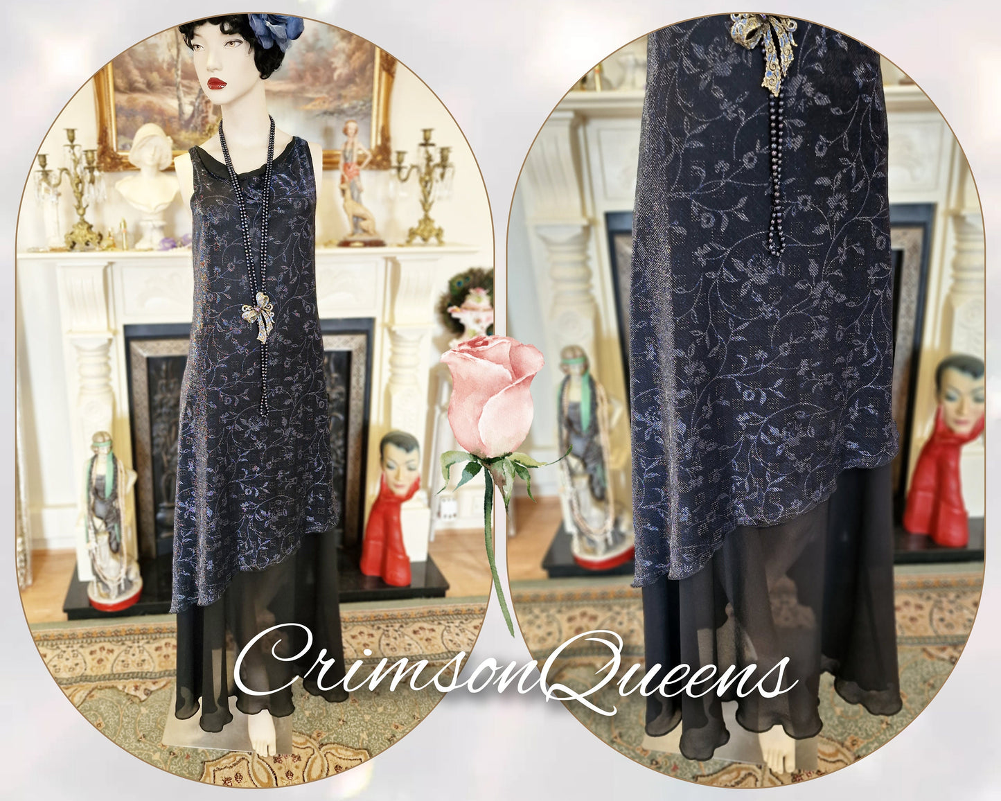 Art Deco dress Flapper dress Downton Abbey dress 1920s dress Blue Great Gatsby dress Beaded Vintage Dress Size UK 12 14 US 8 10