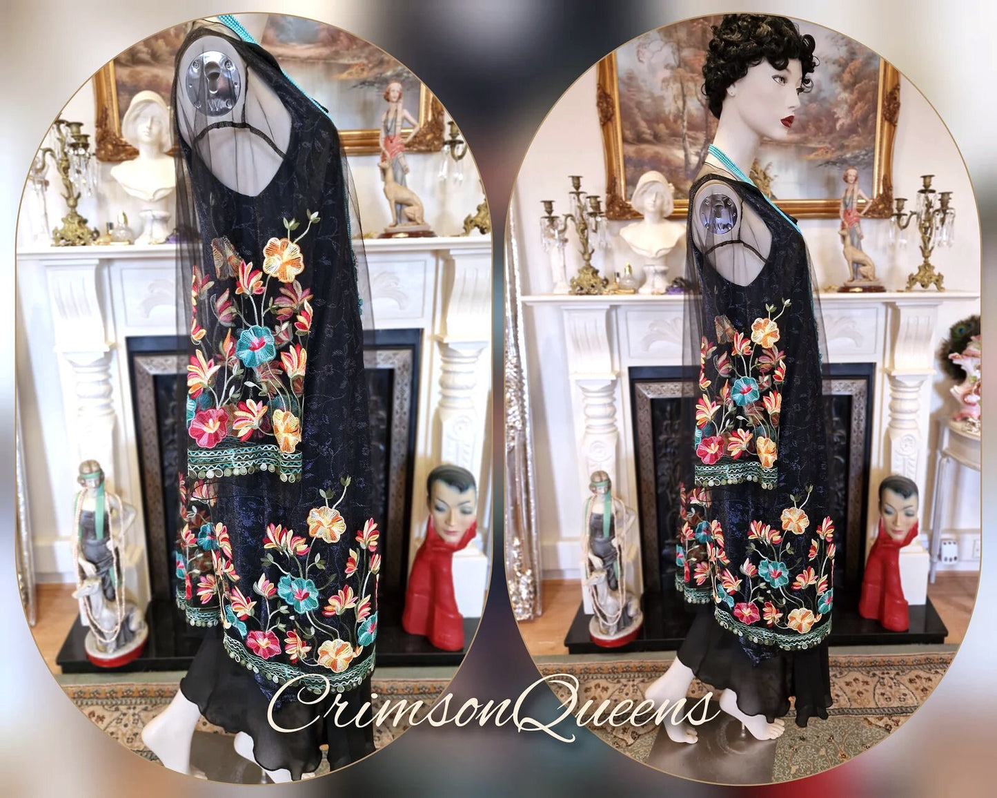 Vintage black 1920s flapper sheer mesh beautifully embroidered net long coat duster size UK 10 12 14 18 20 US 6 8 12