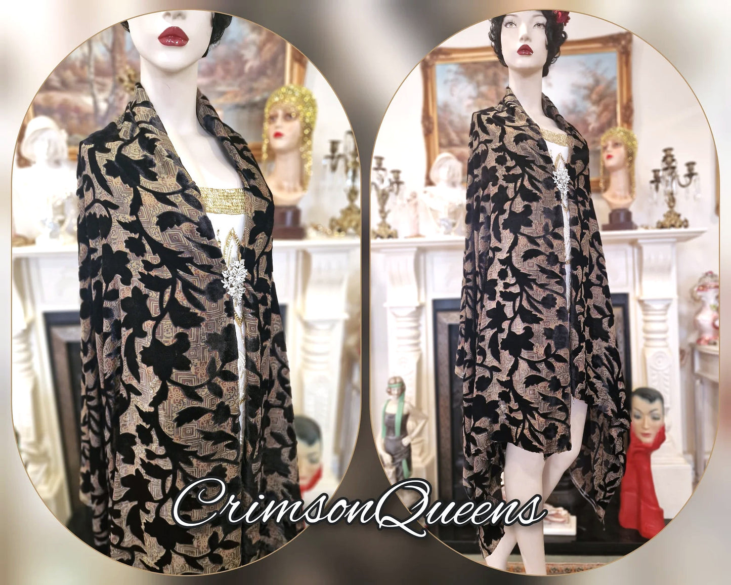 Vintage burgundy black silver oriental Art Deco silk devore damaks statement duster 1920s piano flapper wrap shawl
