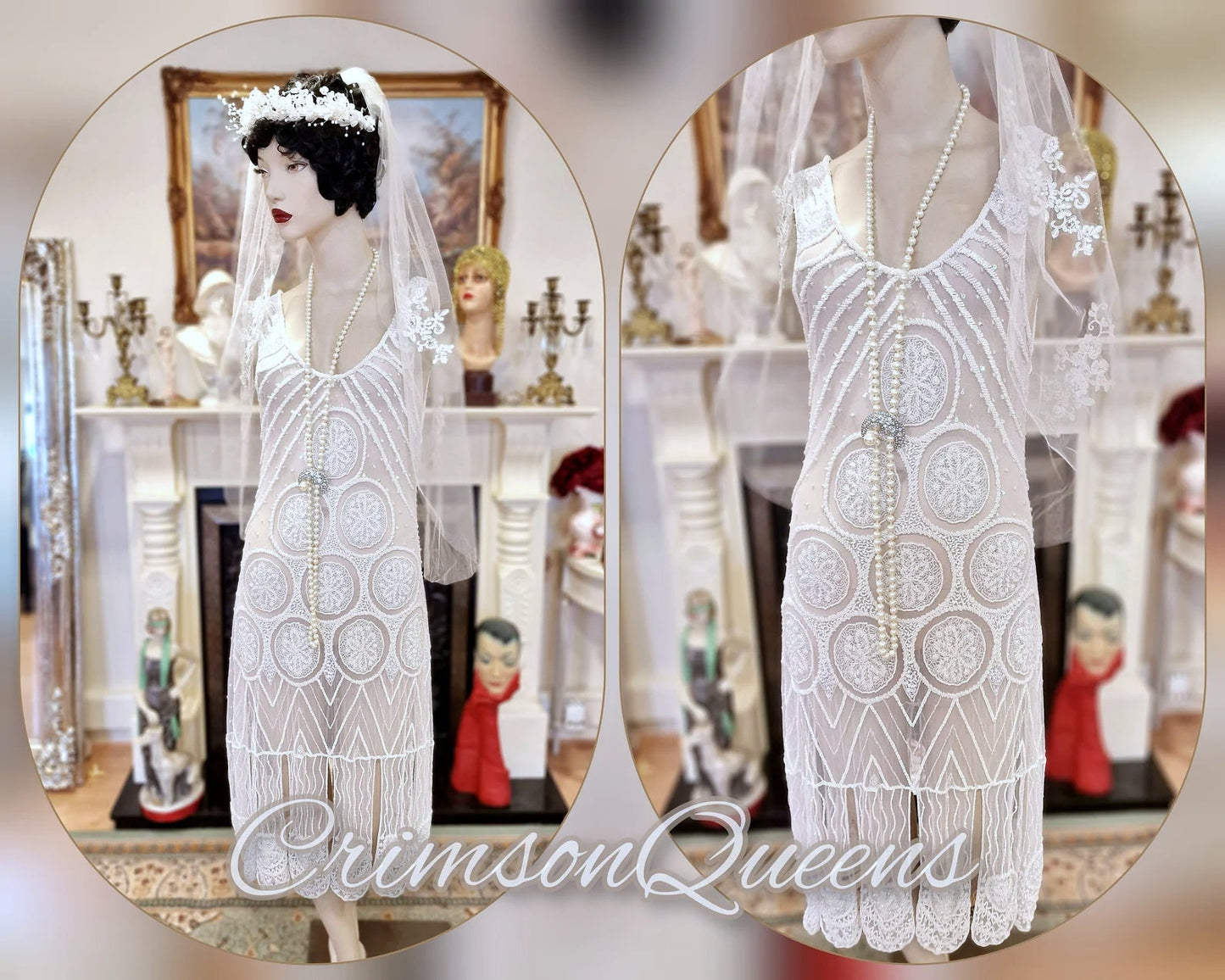 1920's Bride White Wedding Bridal Dress Fully Beaded Flapper Great Gatsby Charleston Jazz Era Prohibition Size UK 6 US 10