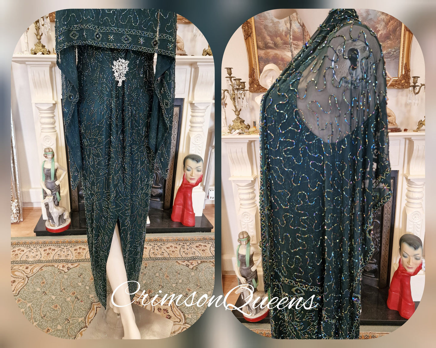 Art Deco all silk Downton Abbey flapper vintage beaded emerald green Marilyn Monroe evening style ensemble beaded shawl UK 14 US 10