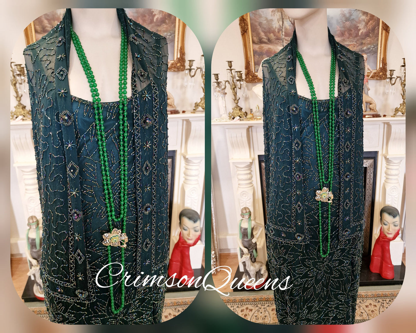 Art Deco all silk Downton Abbey flapper vintage beaded emerald green Marilyn Monroe evening style ensemble beaded shawl UK 14 US 10