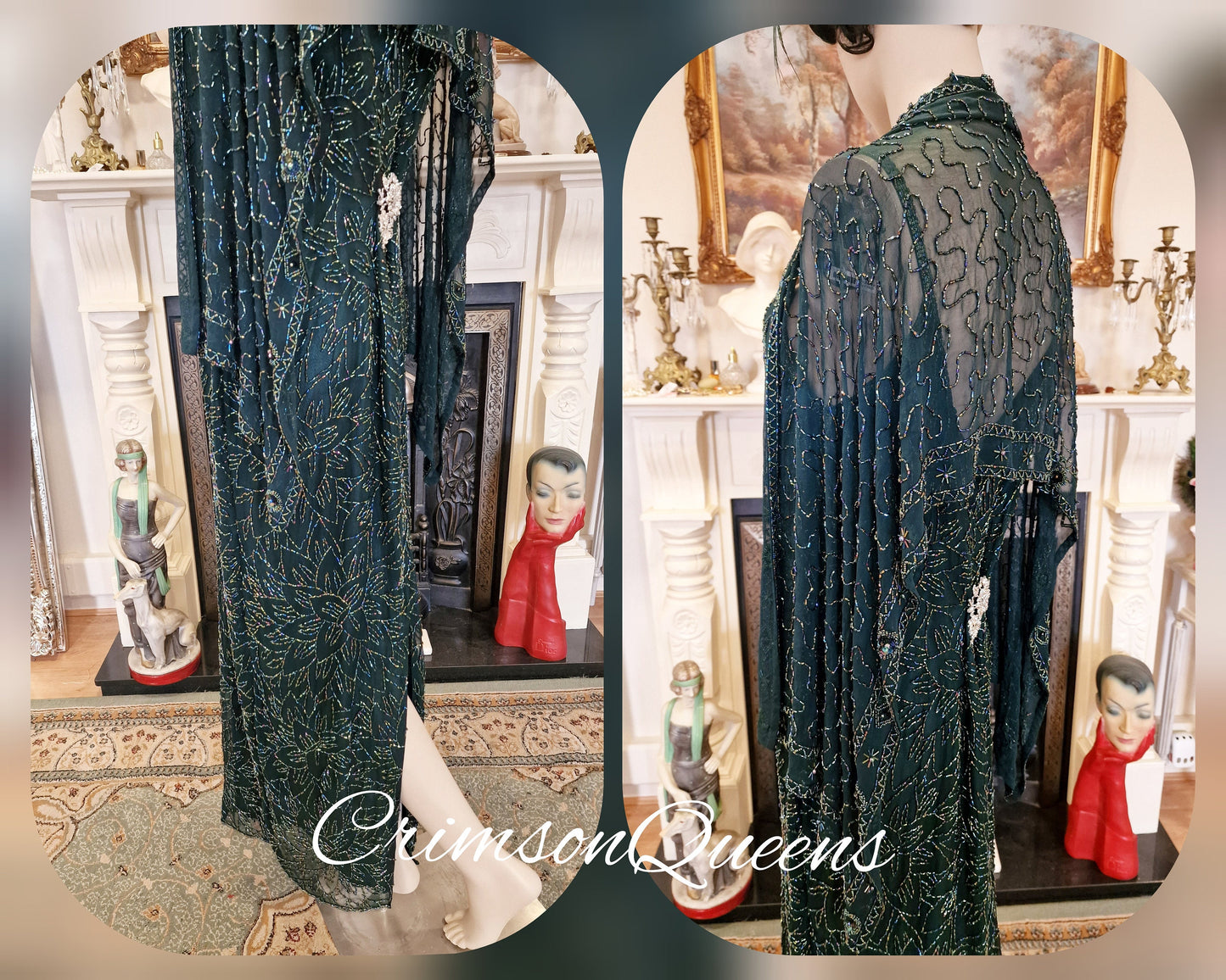 Art Deco all silk Downton Abbey flapper vintage beaded emerald green Marilyn Monroe evening style ensemble beaded shawl UK 14 US 10