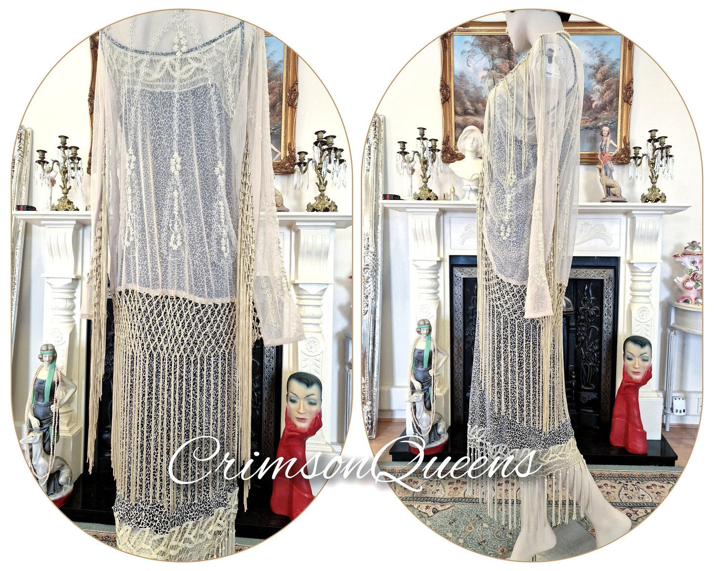 Original beige cream bohemian gypsy hippie Great Gatsby embroidered long lace duster coat flapper 1920s vintage with tassels