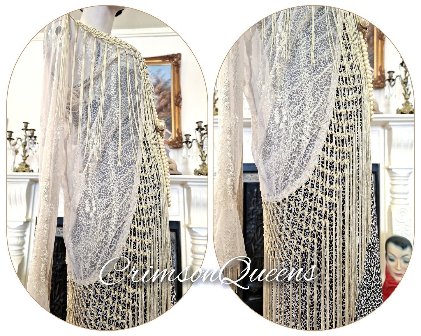 Original beige cream bohemian gypsy hippie Great Gatsby embroidered long lace duster coat flapper 1920s vintage with tassels