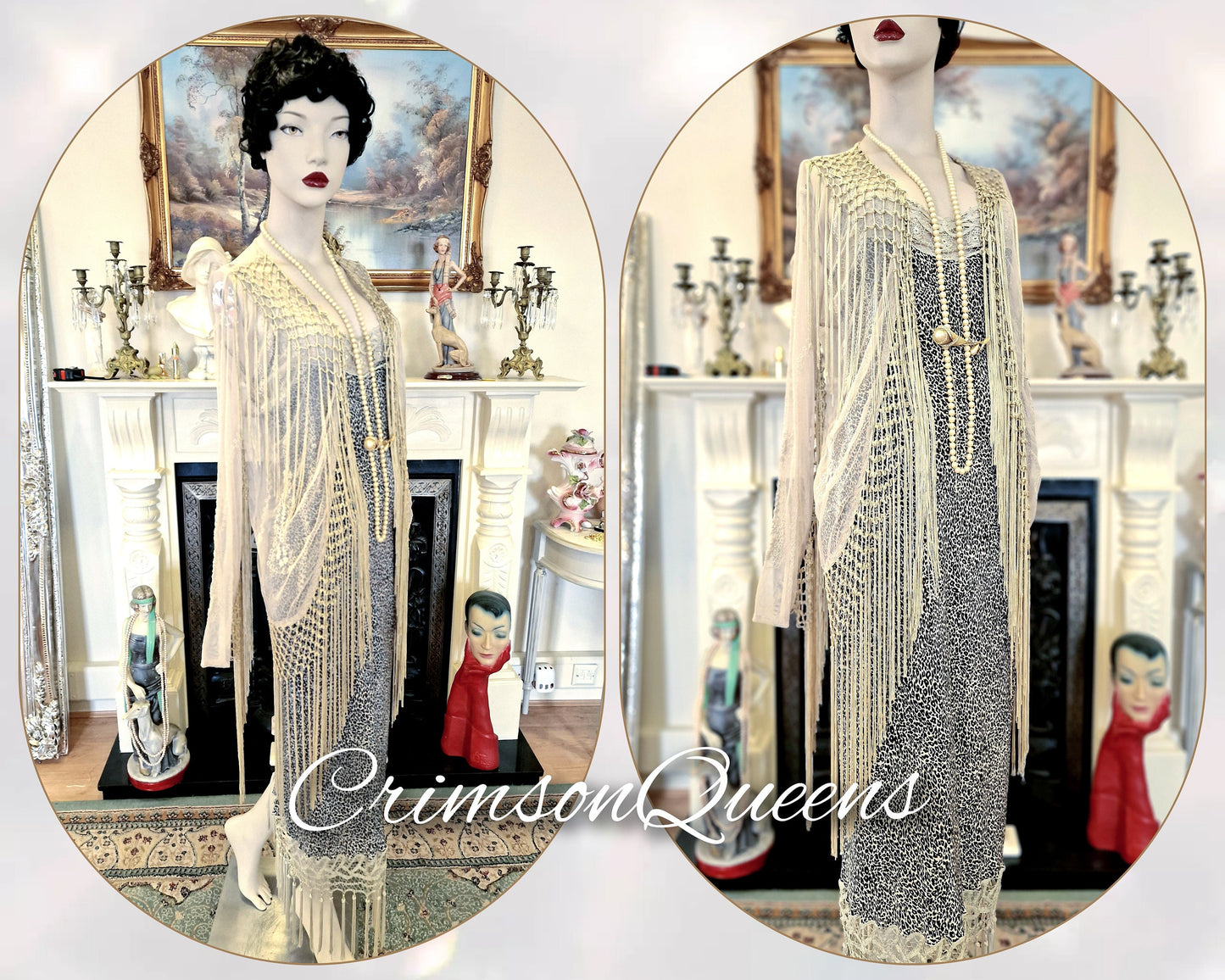 Original beige cream bohemian gypsy hippie Great Gatsby embroidered long lace duster coat flapper 1920s vintage with tassels