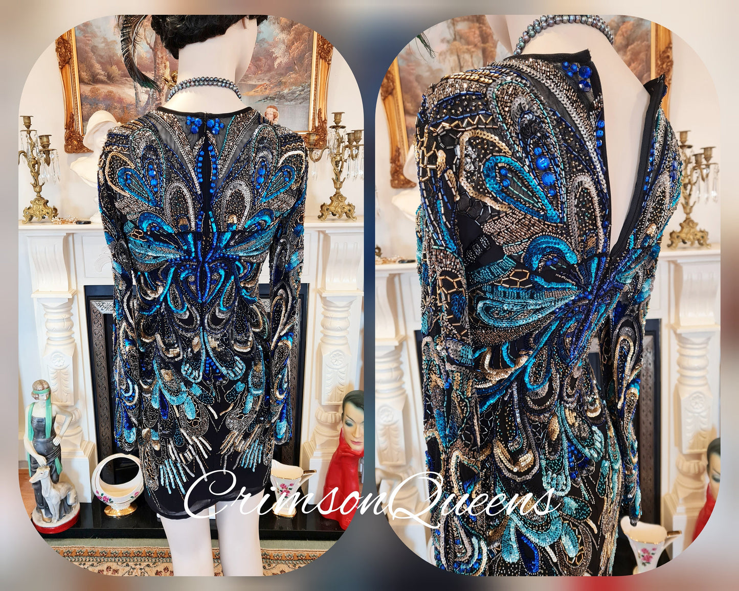 Flapper peacock dress, Downton Abbey dress 1920s Great Gatsby dress, gold butterfly Gold heavily sequined shell flapper dress UK 6 8 US 2 4