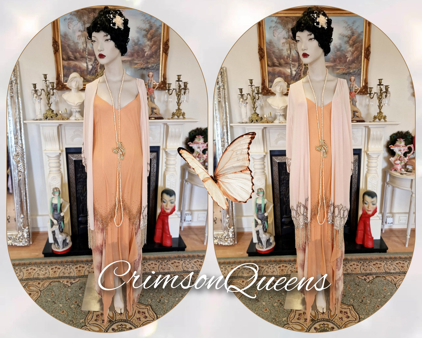 Magnificient vintage Downton Abbey flapper 1920s all silk gold peach embellished ethereal asymmetrical cocktail evening dress UK 10 US 6