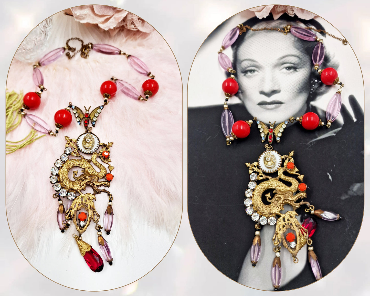 Gorgeous Old Czech statement orientaldragon glass crystal gold tone necklace flapper 1920s Great Gatsby bohemian gypsy chic