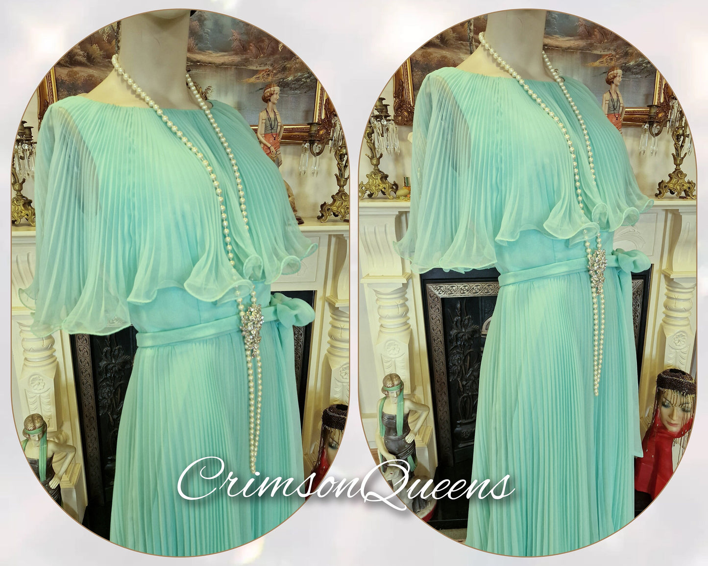 Vintage silk mint aqua green 1920's style ethereal floaty frilly ethereal summer cocktail garden flapper style dress size US 10 US 6
