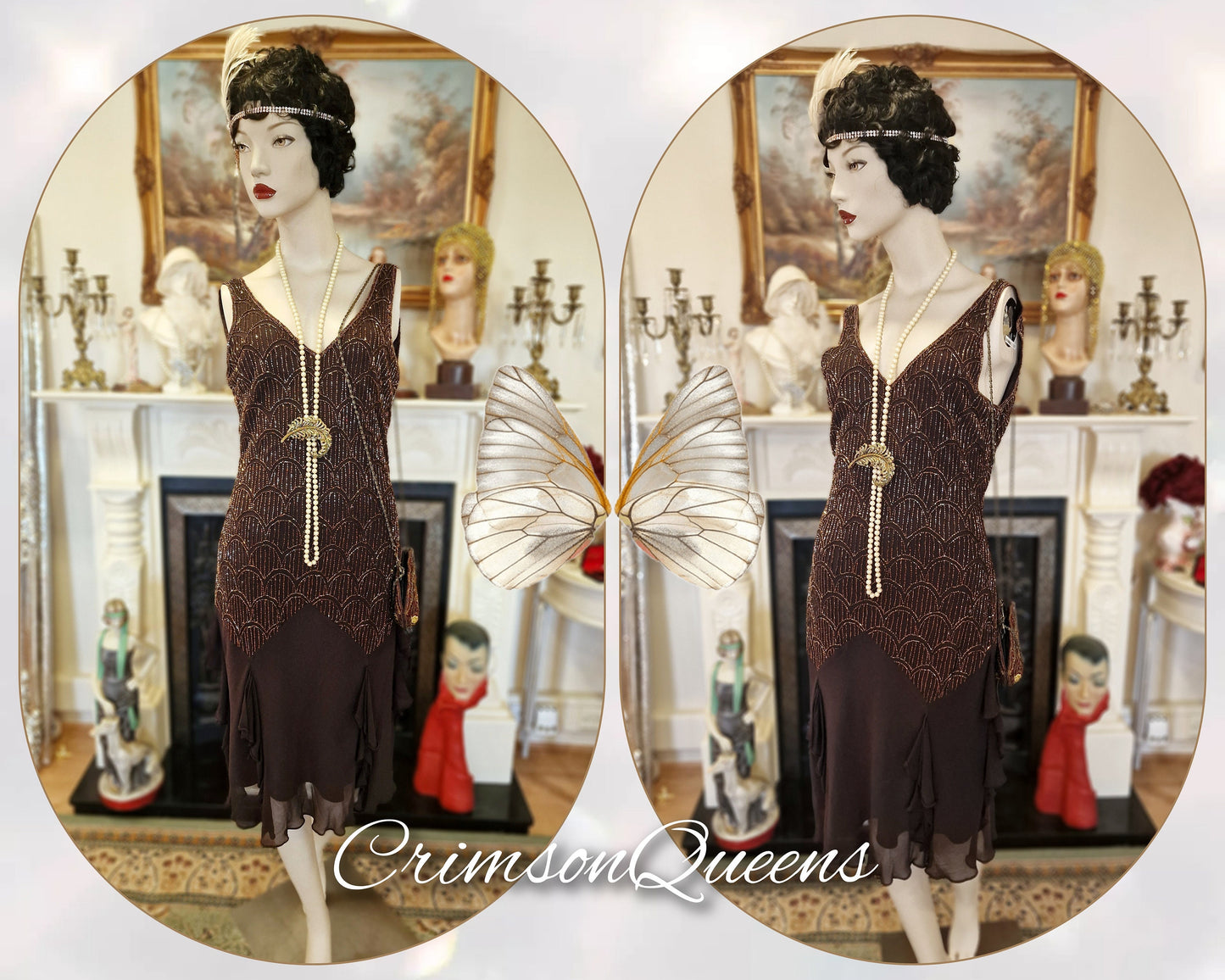 Art Deco vintage Downton Abbey all silk gold with beaded embellishments chocolate brown ethereal dress UK 10 US 6