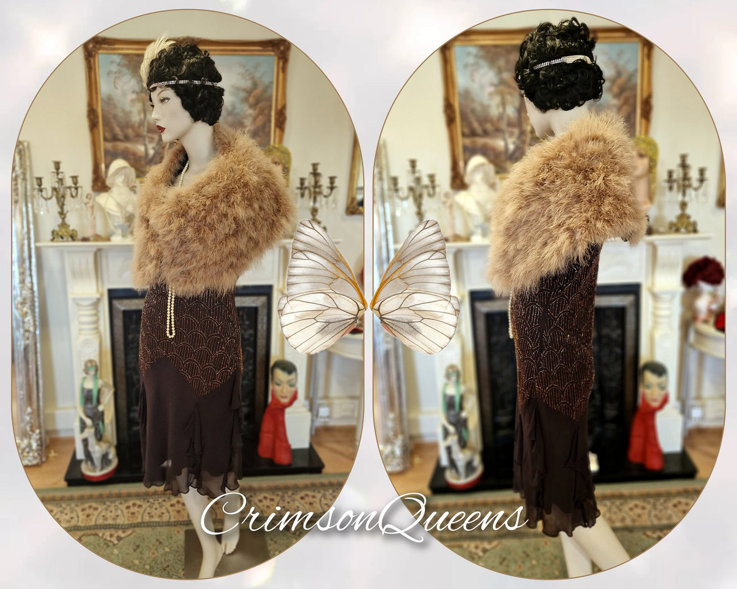 Art Deco vintage Downton Abbey all silk gold with beaded embellishments chocolate brown ethereal dress UK 10 US 6