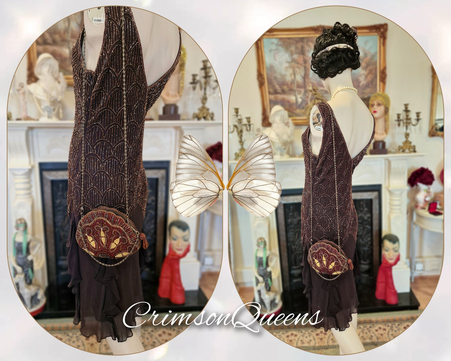 Art Deco vintage Downton Abbey all silk gold with beaded embellishments chocolate brown ethereal dress UK 10 US 6