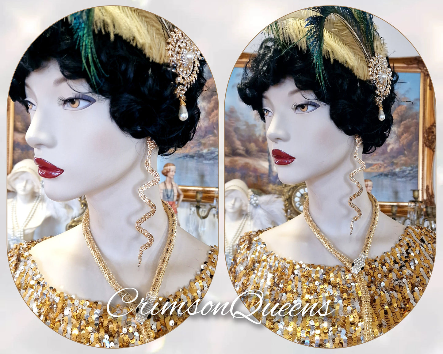 Large Gold vintage rhinestone crystal Bohemian gold 20's flapper Art Deco Statment snake drop earrings