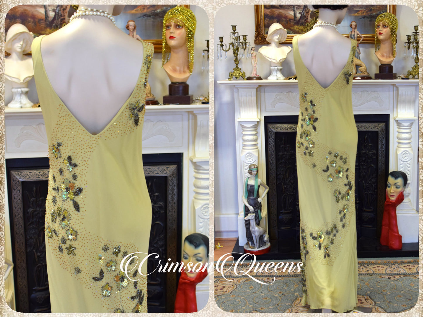 Vintage tea green statement dress flapper evening Downton Abbey 1920s cocktail garden party maxi dress UK 12 US 8