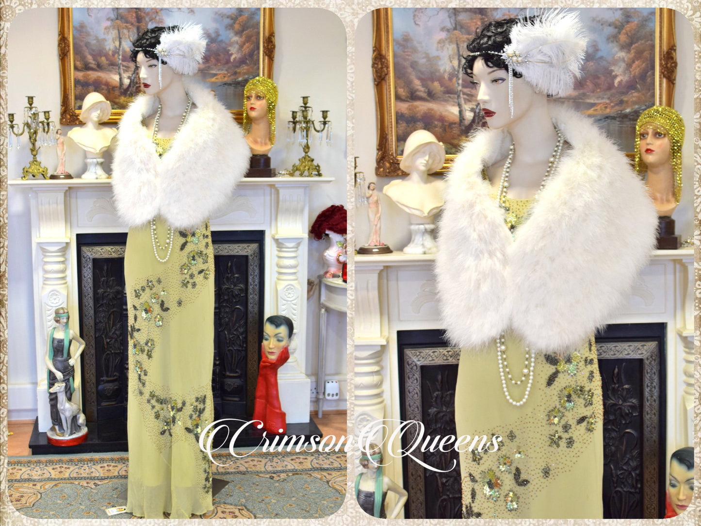Vintage tea green statement dress flapper evening Downton Abbey 1920s cocktail garden party maxi dress UK 12 US 8