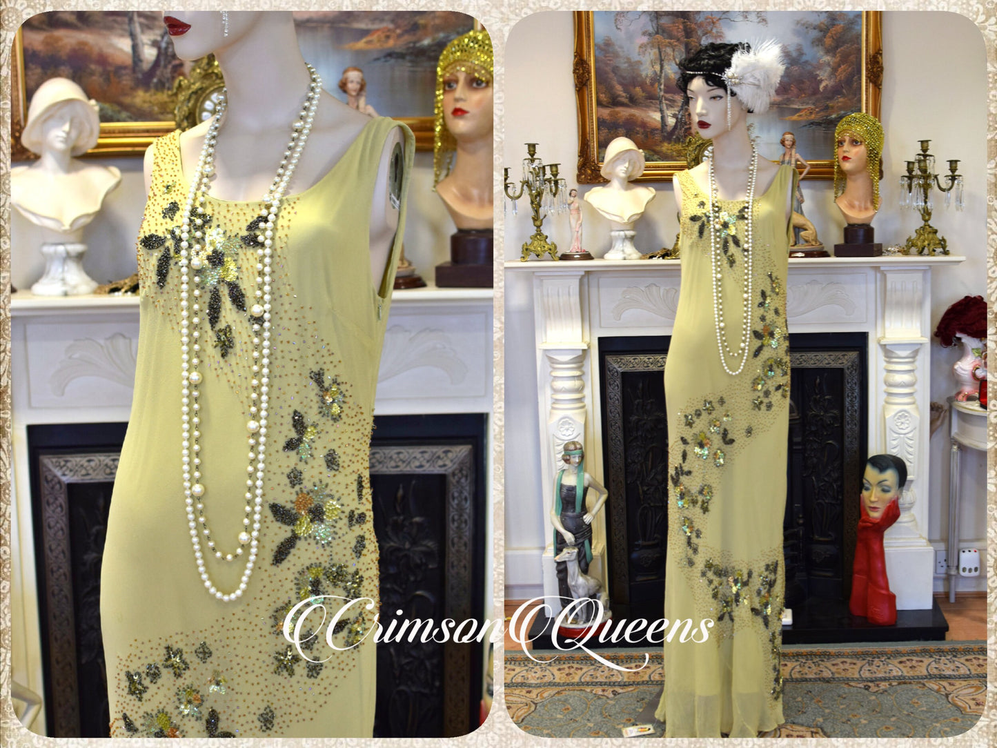 Vintage tea green statement dress flapper evening Downton Abbey 1920s cocktail garden party maxi dress UK 12 US 8