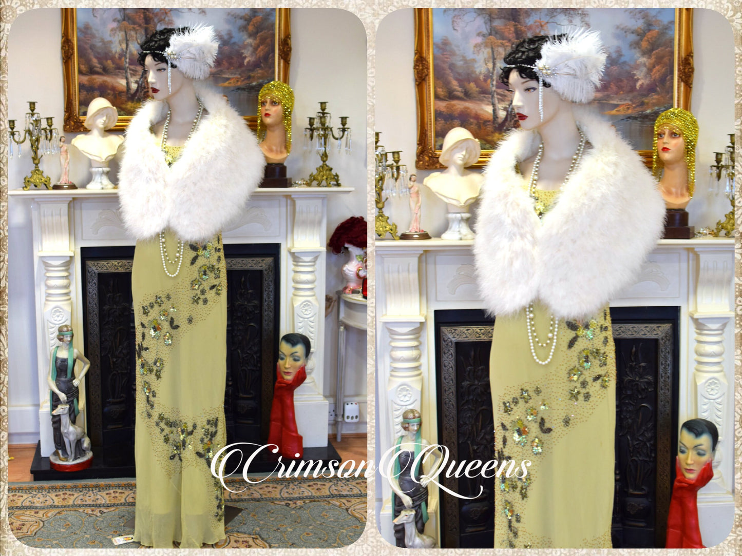 Vintage tea green statement dress flapper evening Downton Abbey 1920s cocktail garden party maxi dress UK 12 US 8
