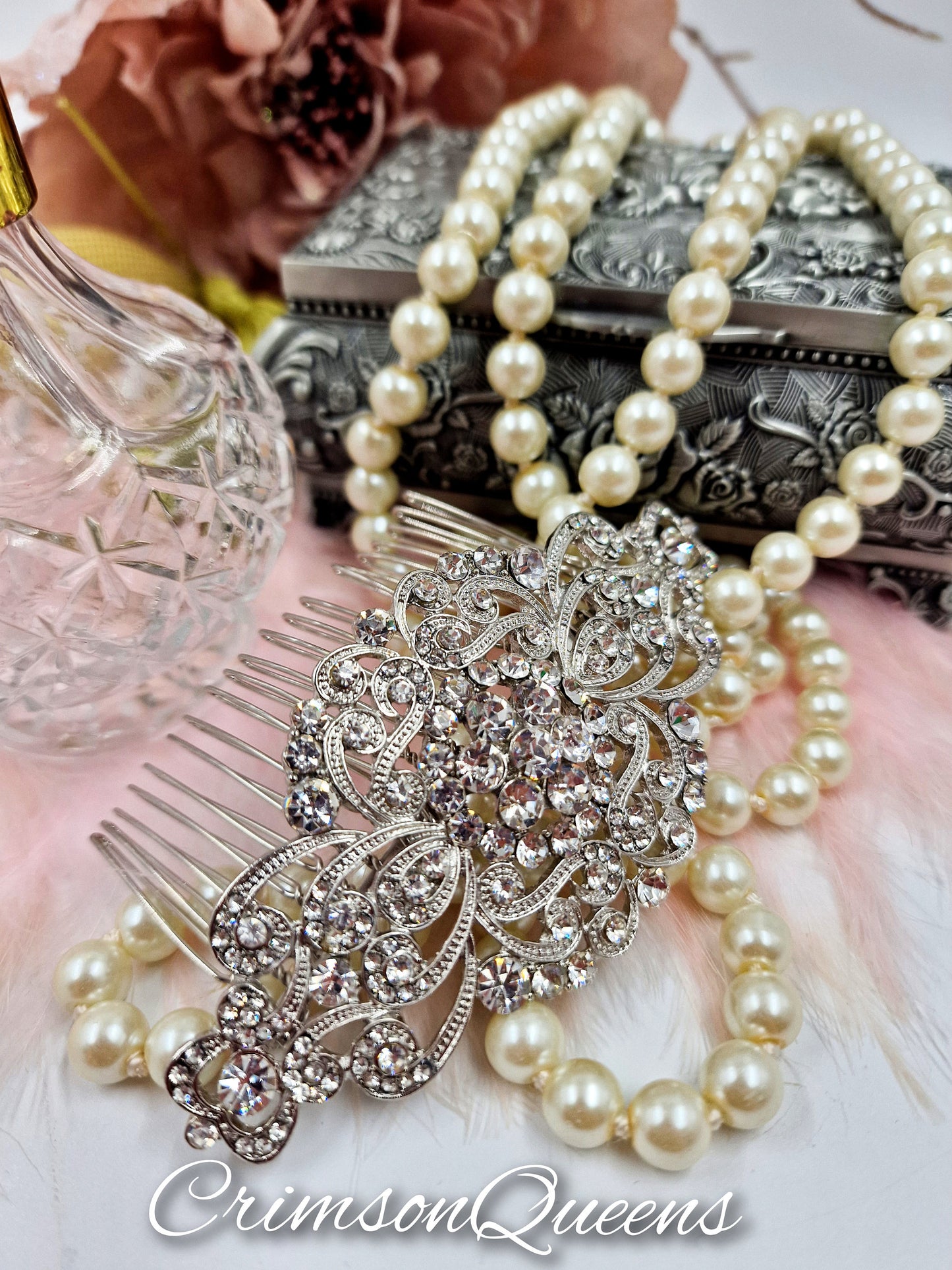 Art Deco Vintage crystal rhninestone Intricate workmanship 1920's style Art Deco Victorian antique silver wedding comb headpiece