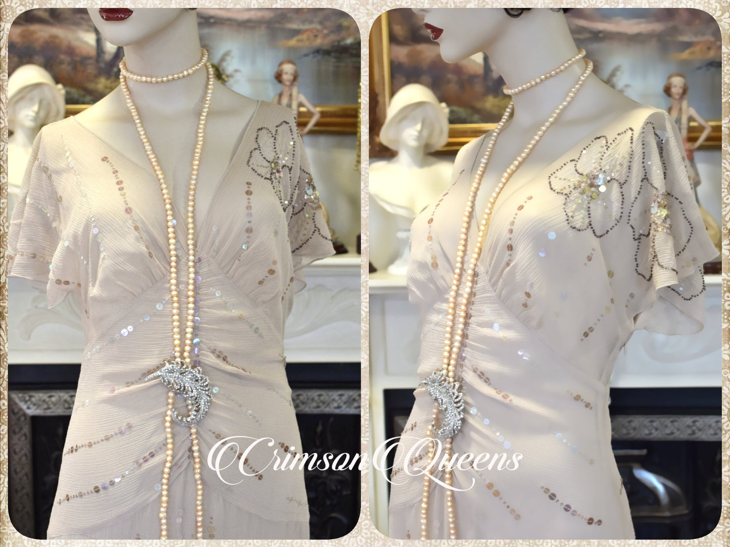 Vintage 1920s 1930s silk semi-sheer summer gold Beige flapper Great GAtsby Downton Abbey dress UK 12 US 8