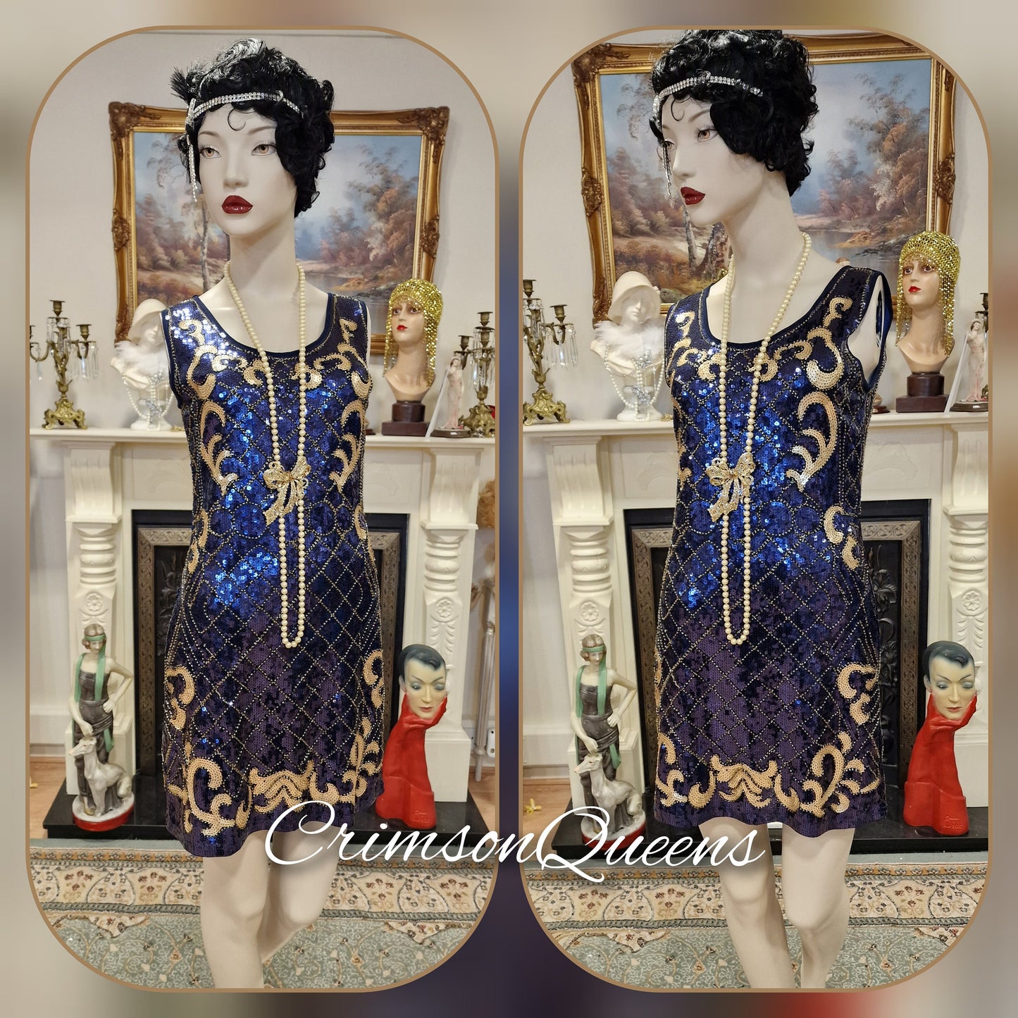 1920s dress flapper dress flapper black graphite dress Great Gatsby dress flapper sequinned beaded dress UK 10 US 6