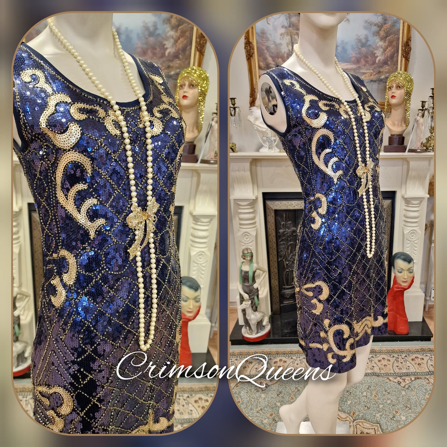 1920s dress flapper dress flapper black graphite dress Great Gatsby dress flapper sequinned beaded dress UK 10 US 6