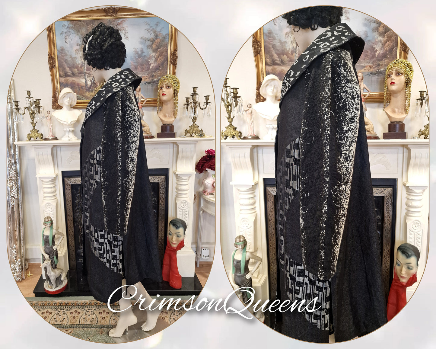 Vintage opera Art Deco velvet brocade with denim 1920's Exquisite Black silver geometrical midi coat size UK 16 US 12