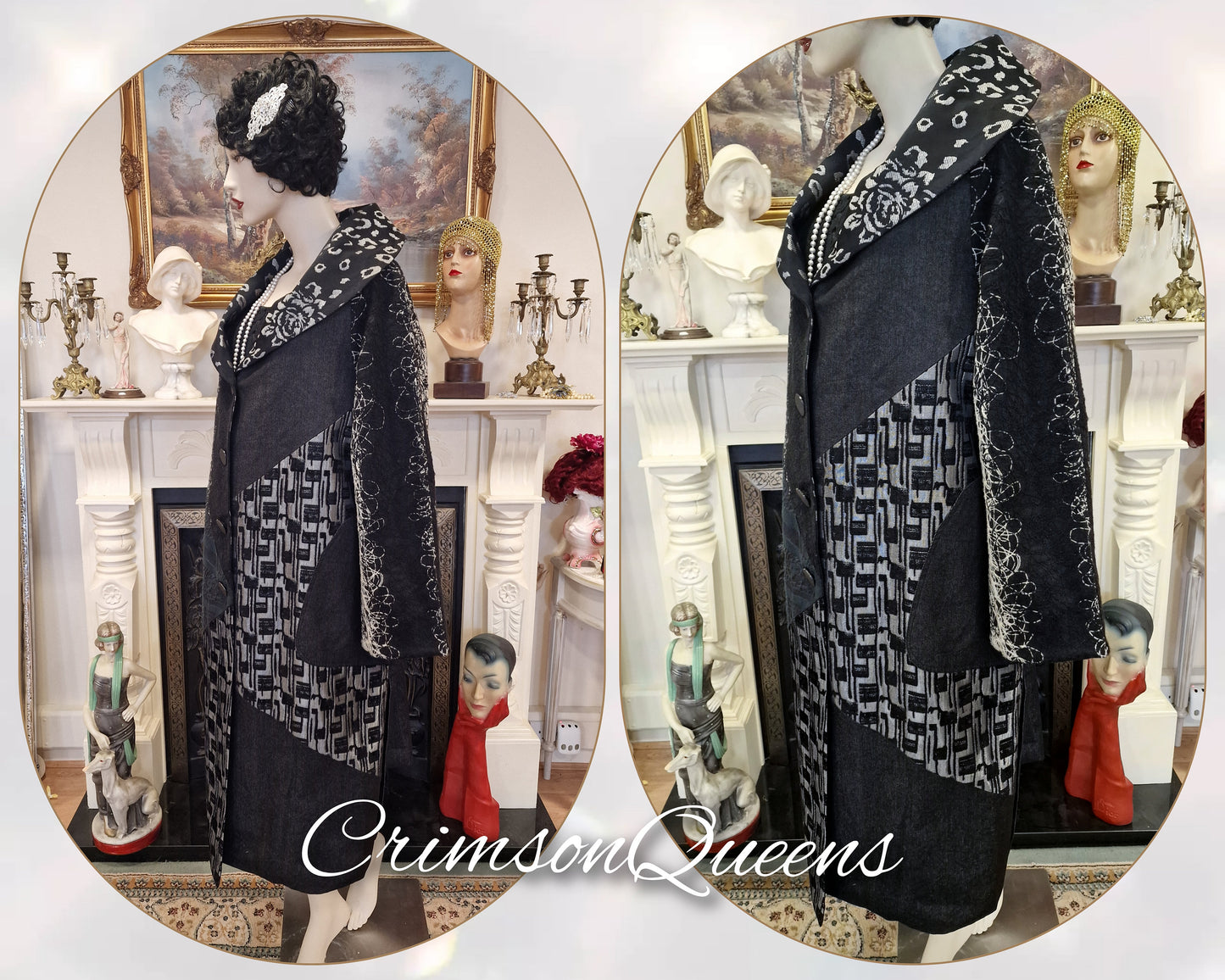 Vintage opera Art Deco velvet brocade with denim 1920's Exquisite Black silver geometrical midi coat size UK 16 US 12