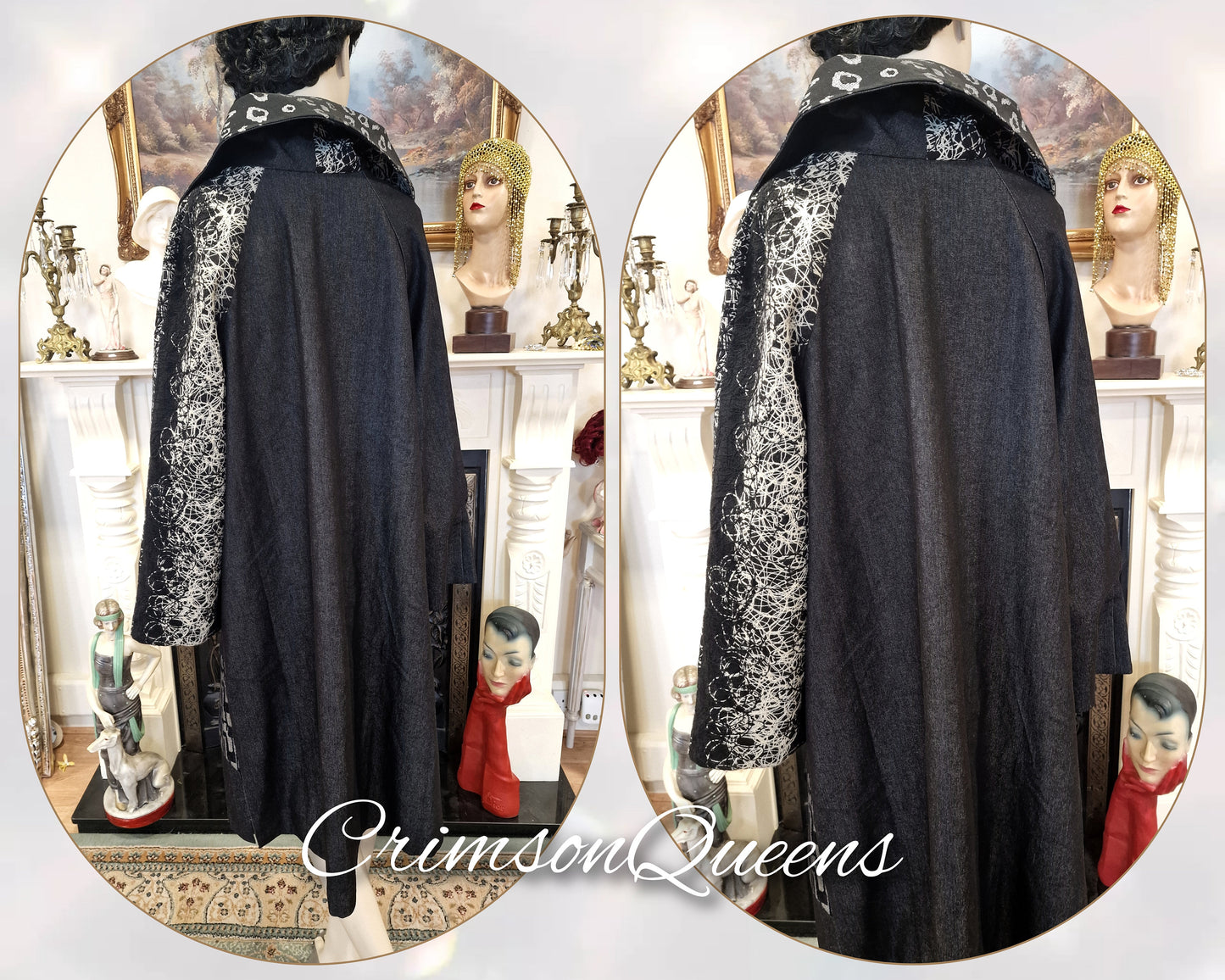 Vintage opera Art Deco velvet brocade with denim 1920's Exquisite Black silver geometrical midi coat size UK 16 US 12