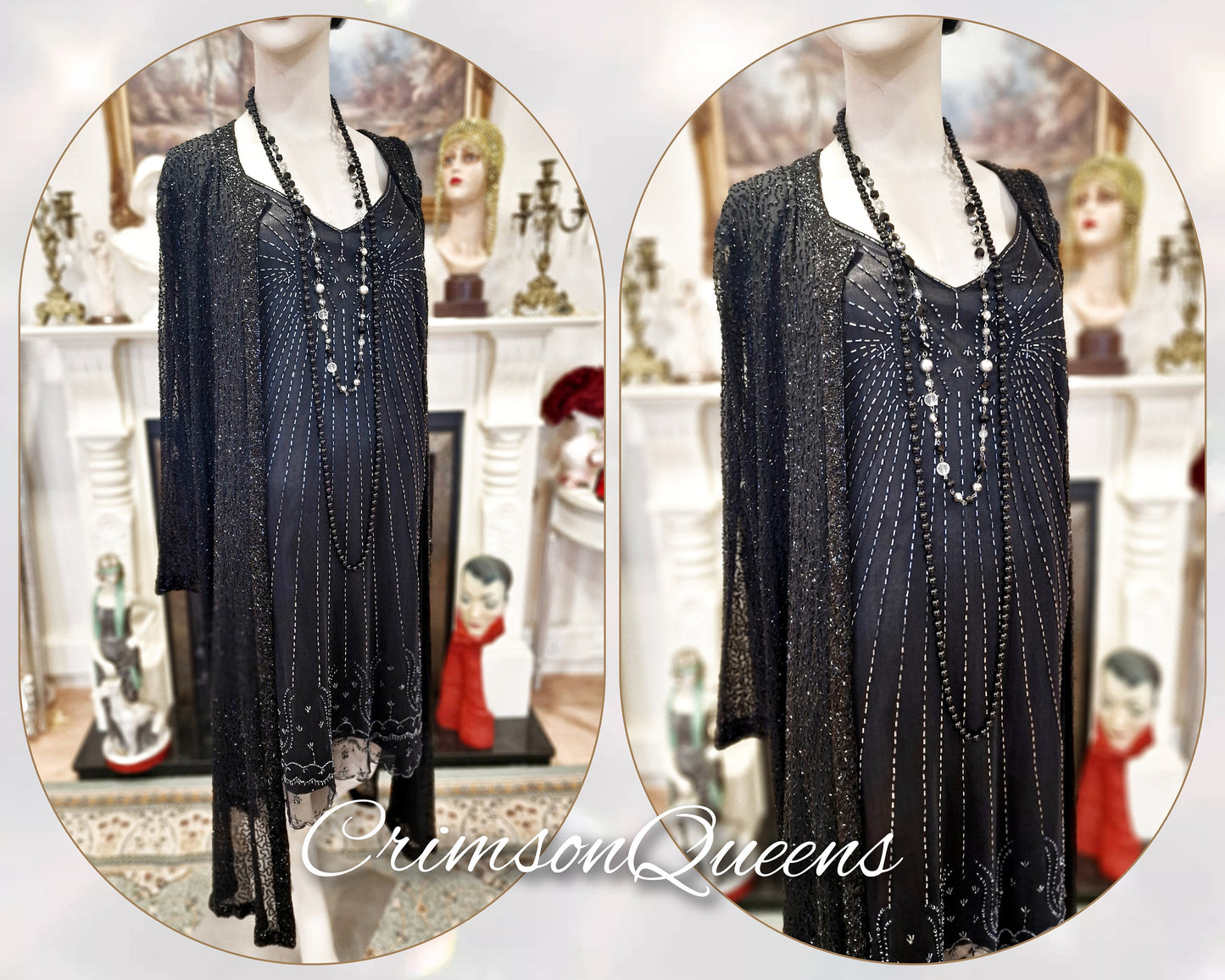 Vintage Downton Abbey Great Gatsby black beaded mesh dress 1920s flapper ensemble with Art Deco Hobb's beaded duster size UK 16 US 12