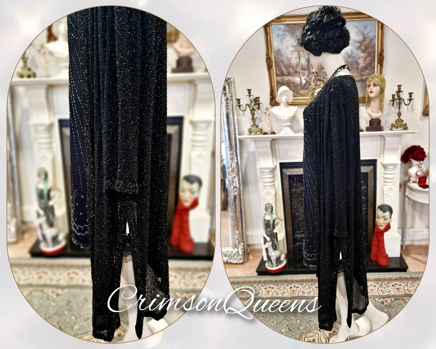 Vintage Downton Abbey Great Gatsby black beaded mesh dress 1920s flapper ensemble with Art Deco Hobb's beaded duster size UK 16 US 12