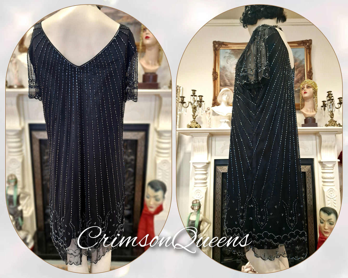 Vintage Downton Abbey Great Gatsby black beaded mesh dress 1920s flapper ensemble with Art Deco Hobb's beaded duster size UK 16 US 12