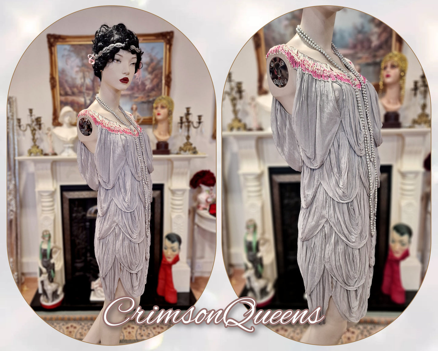 Vintage silver grey oyster ruffled frilled all silk flapper Great Gatsby 1920s flapper gypsy bohemian style dress size UK 8 US 4