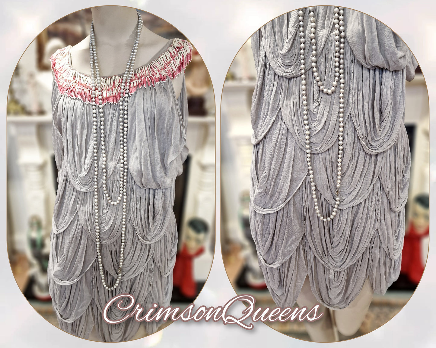 Vintage silver grey oyster ruffled frilled all silk flapper Great Gatsby 1920s flapper gypsy bohemian style dress size UK 8 US 4