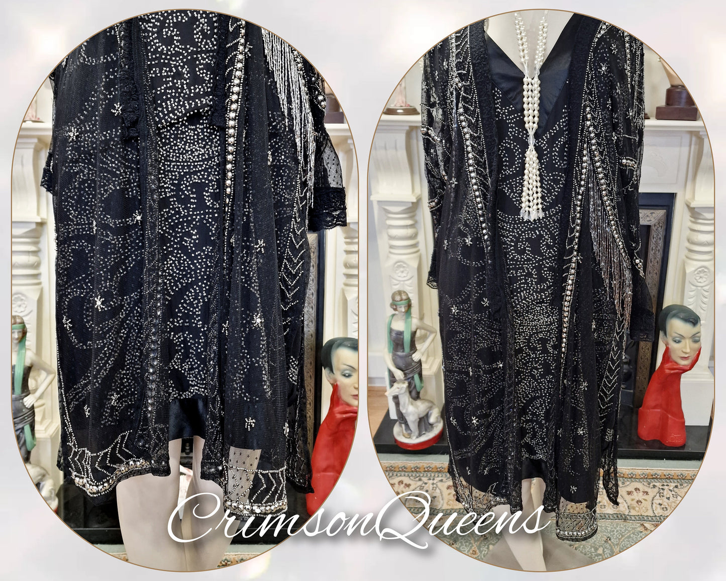 Vintage Downton Abbey Great Gatsby black beaded silk dress 1920s flapper ensemble with Art Deco beaded duster size UK 10 12 US 6 8
