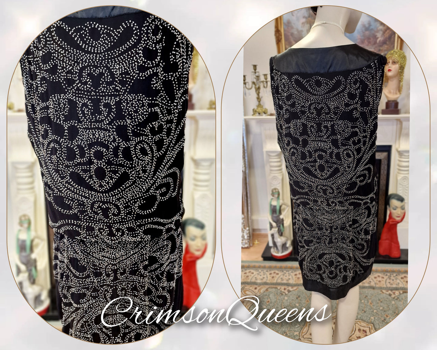 Vintage Downton Abbey Great Gatsby black beaded silk dress 1920s flapper ensemble with Art Deco beaded duster size UK 10 12 US 6 8