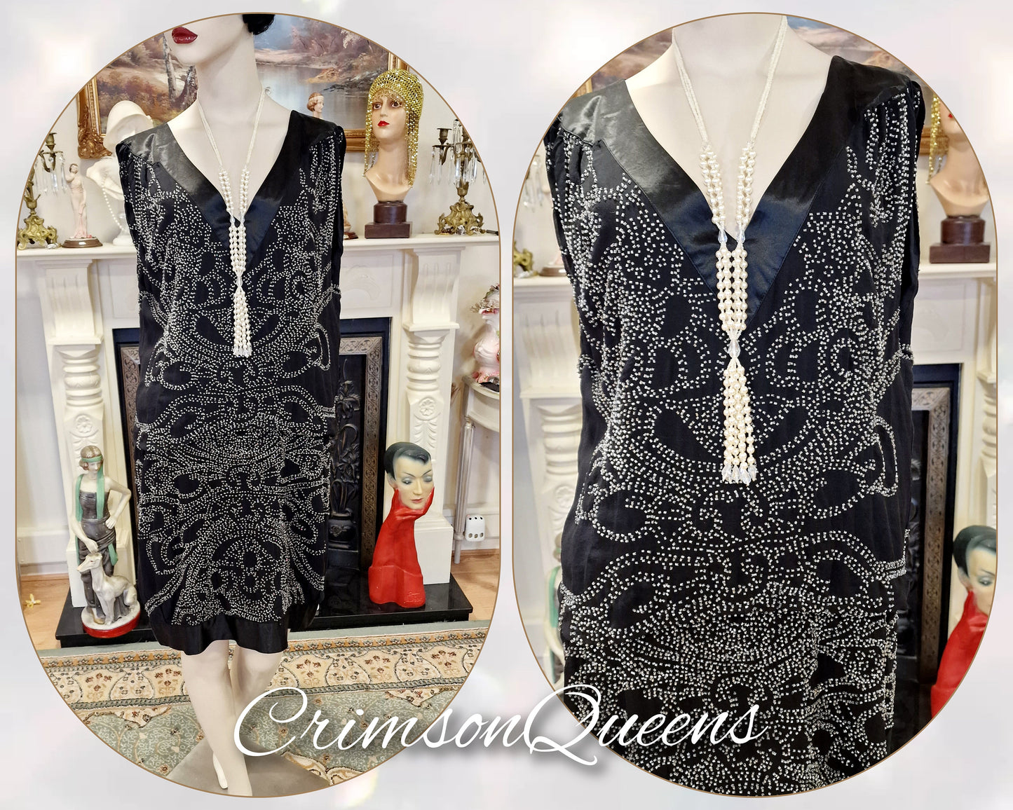 Vintage Downton Abbey Great Gatsby black beaded silk dress 1920s flapper ensemble with Art Deco beaded duster size UK 10 12 US 6 8
