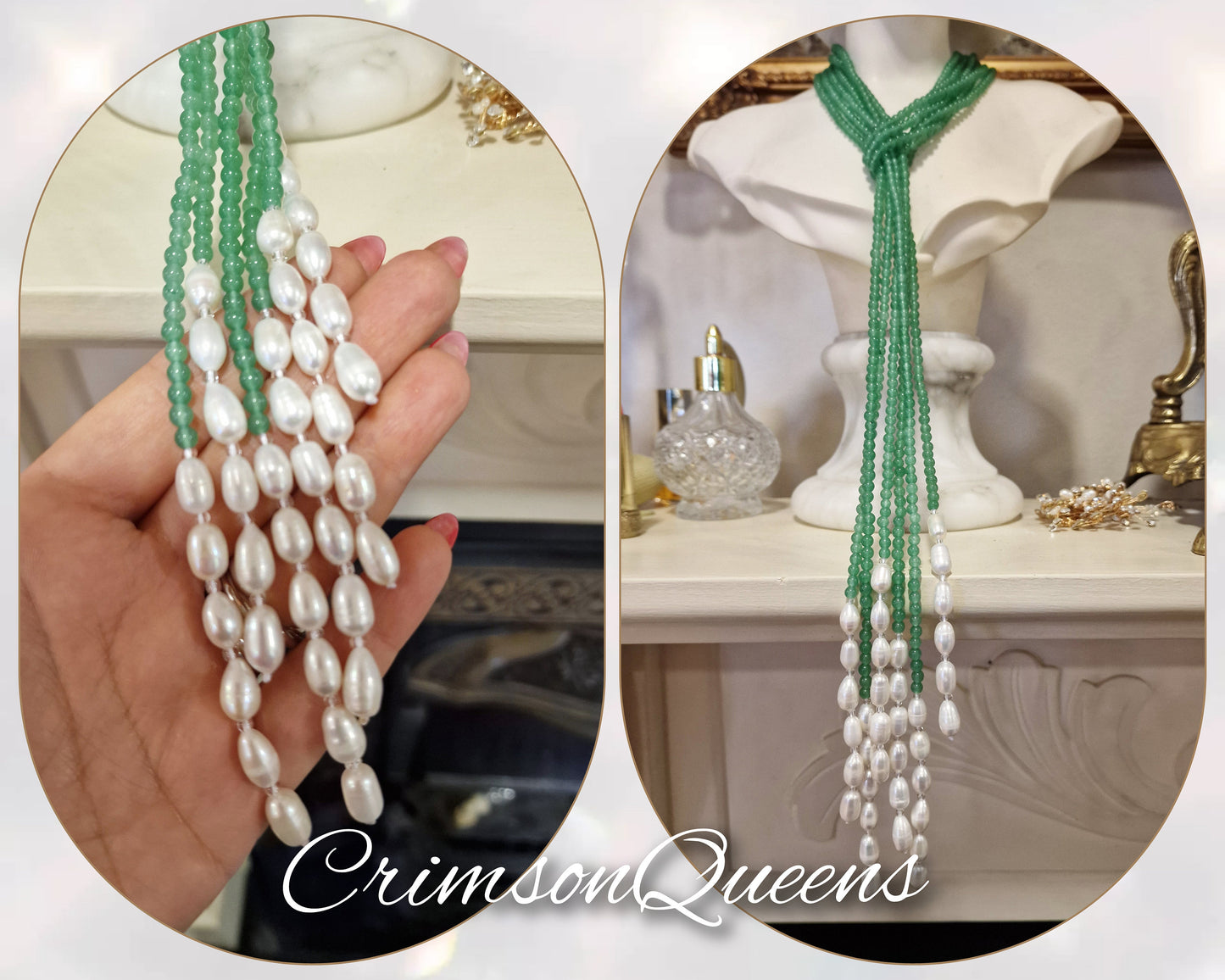 Rare Striking Art Deco 1920s Natural Freshwater Striking Green String Of Pearls flapper necklace