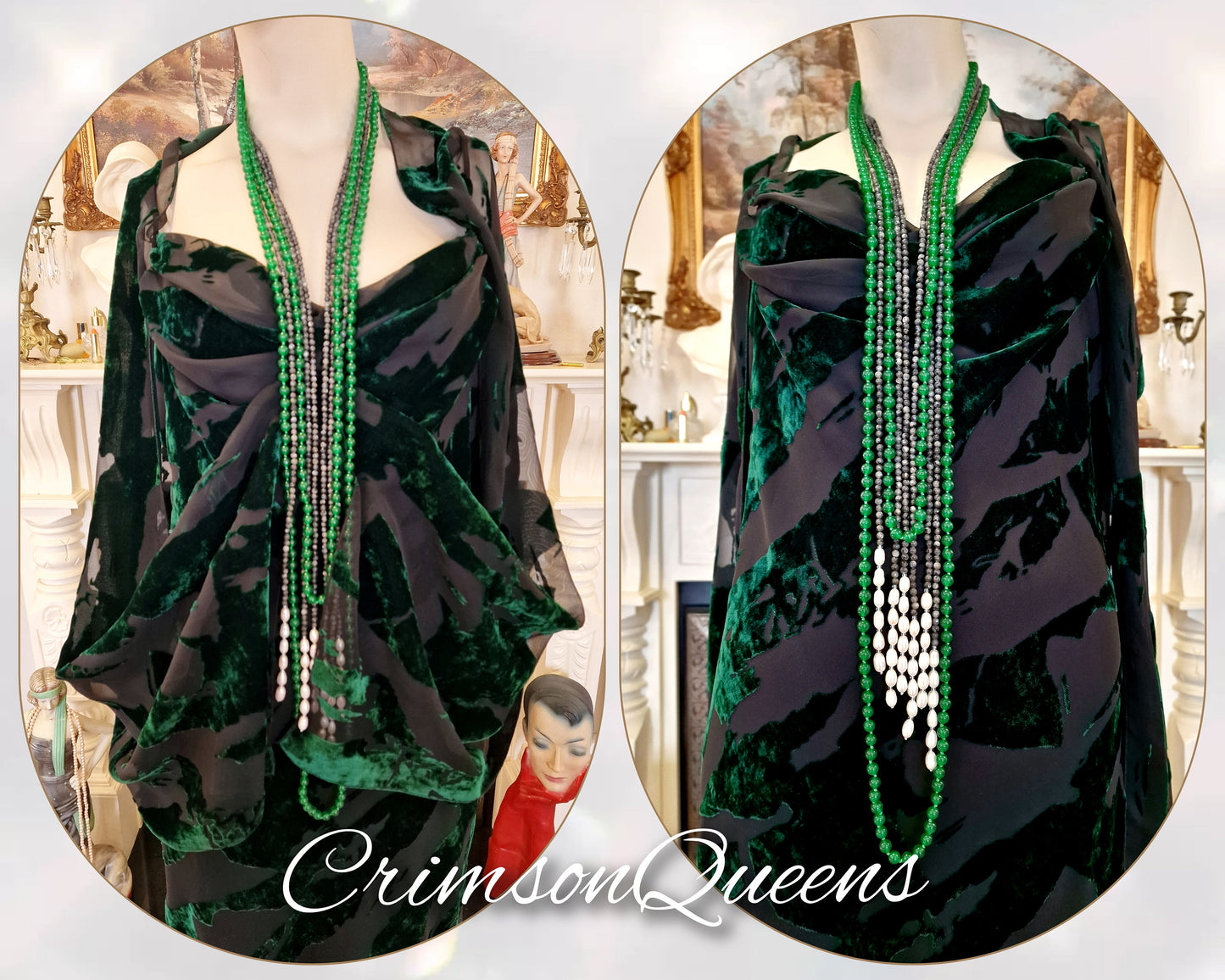 Rare Striking Art Deco 1920s Natural Freshwater Striking Green String Of Pearls flapper necklace