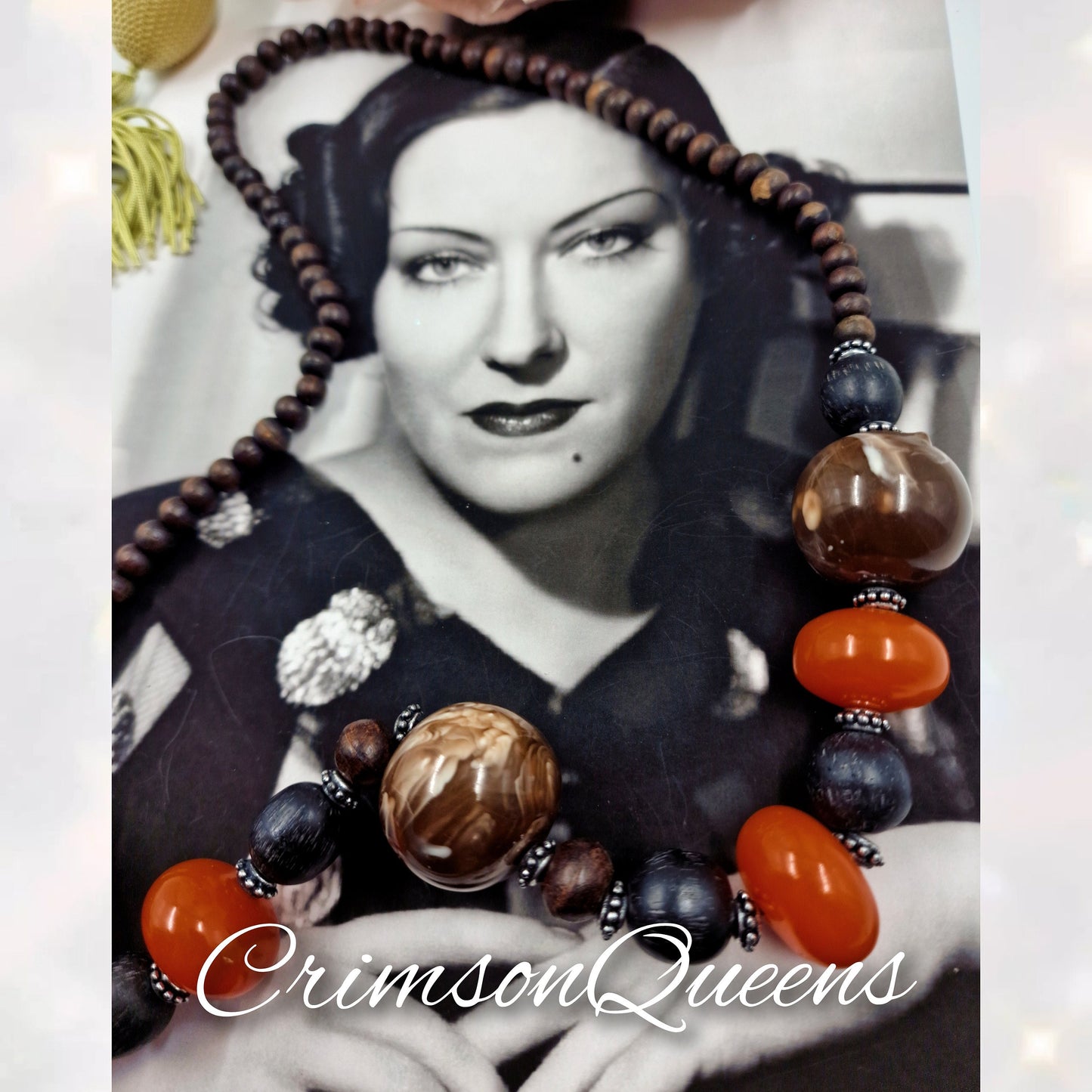 Art Deco wooden balls beads and bakelite posished beads bohemian gypsy oversized necklace and chunky statement heavy retro necklace