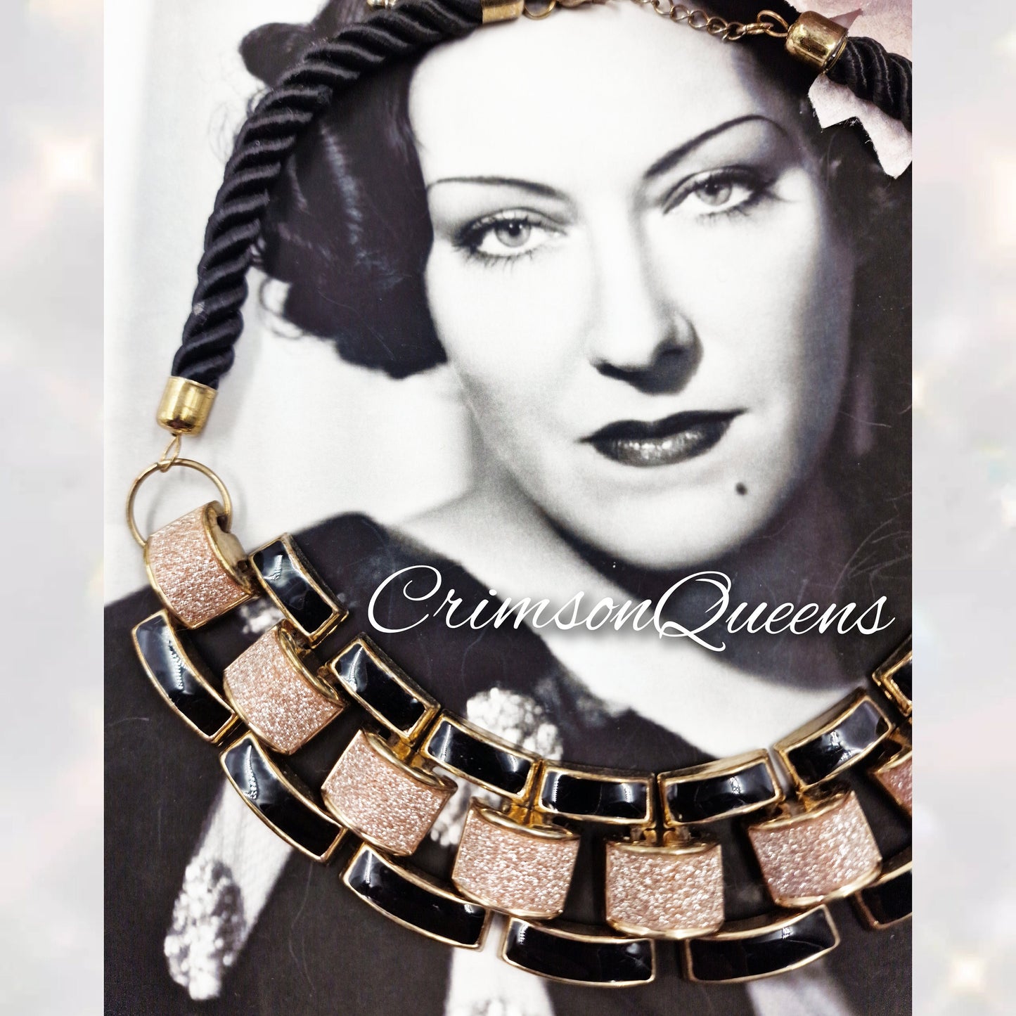 black enamel short flapper 1920s collar bib chain necklace with metal elements