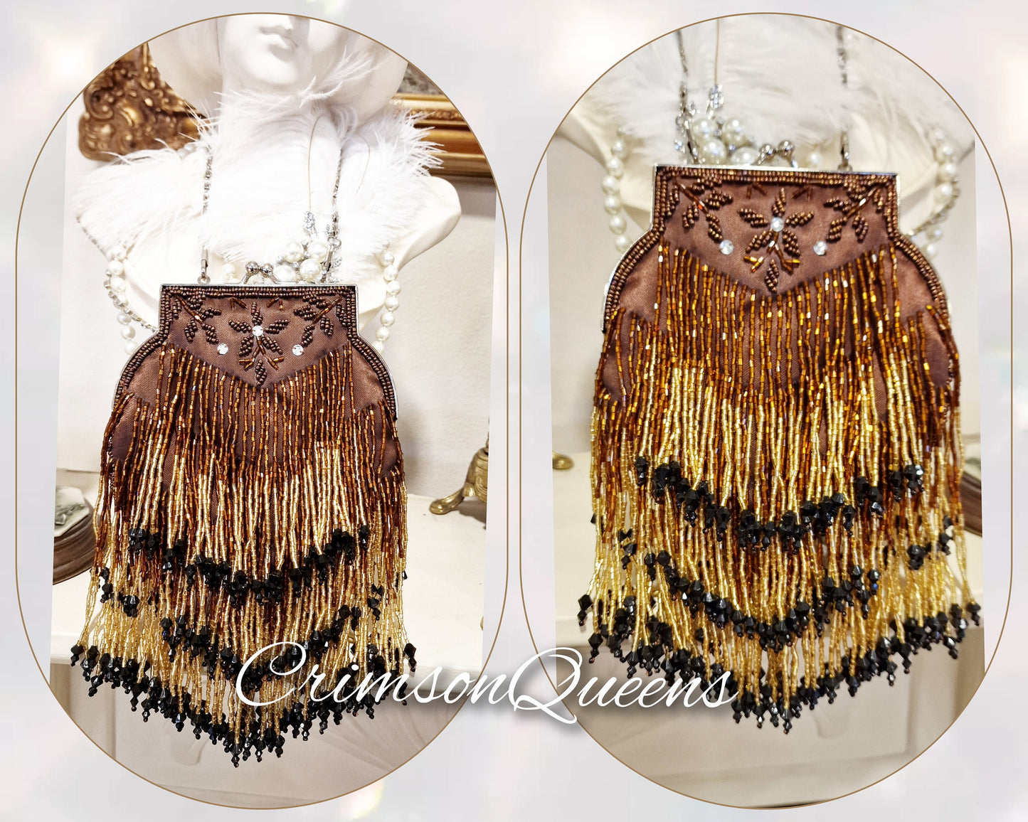 1920s tasseled bag flapper beaded wedding bag vintage beaded bag gold brown beaded sequinned bag Art Deco evening bag purse
