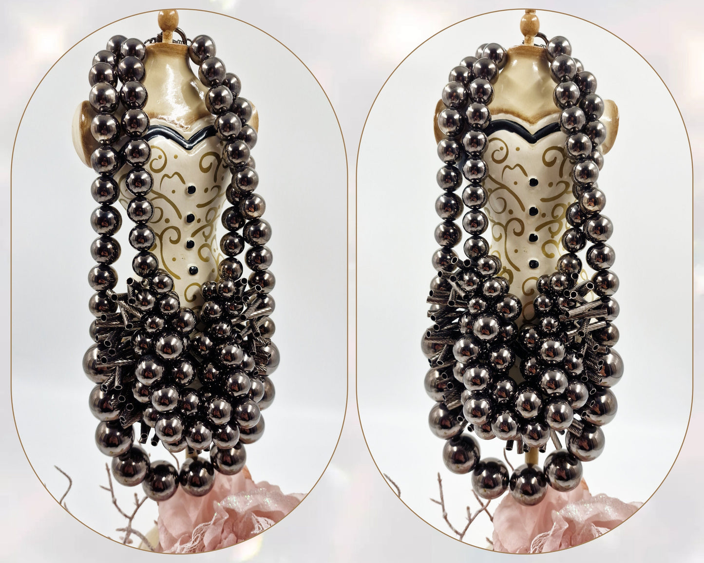 Gunmetal colored gypsy flapper 1920s bohemian style necklace with a metal chunky elements oversized collar bib statement necklace