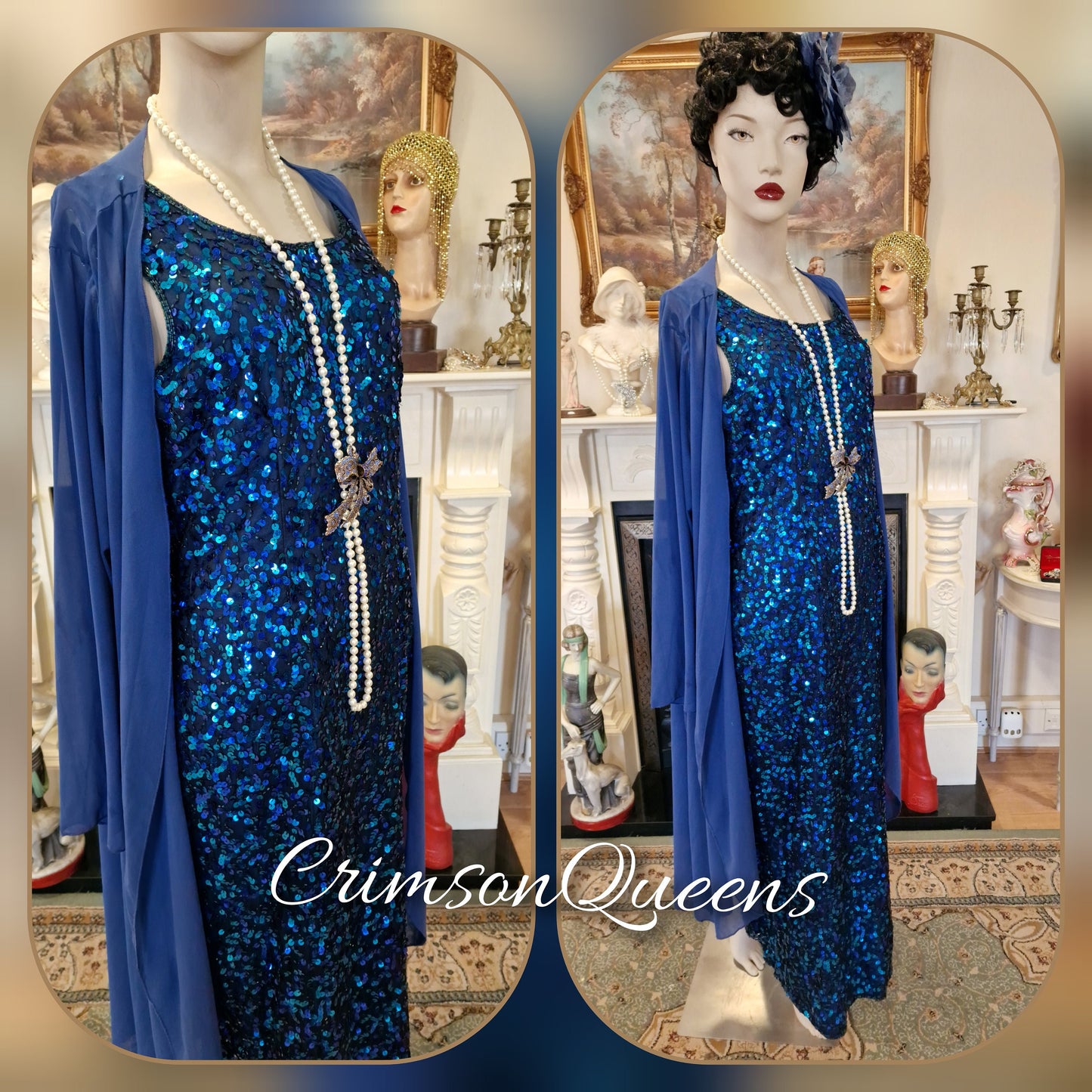 Art Deco silk vintage heavily sequinned electric blue with peacock shades undertones evening festive dress with coat size uk 12 14 US 8 10
